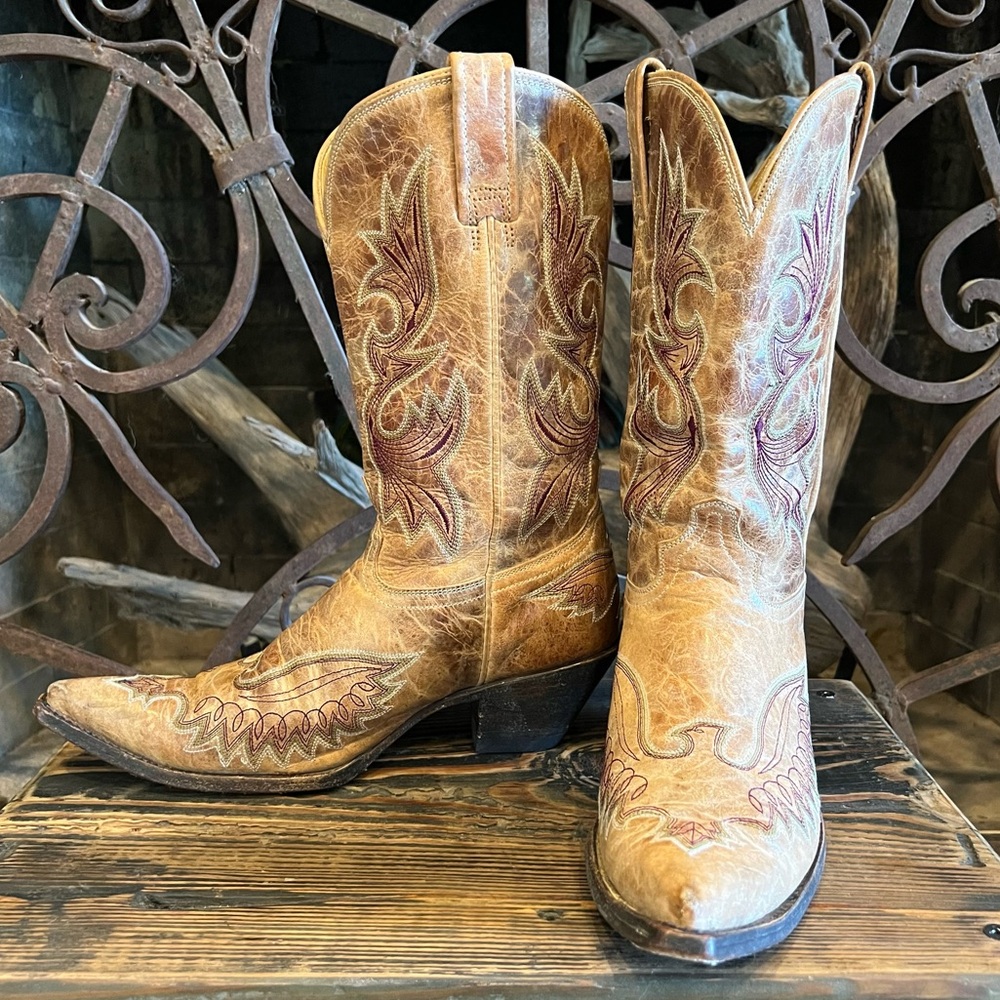 RARE Vintage Corral  Eagle Cognac Tan Burgundy/olive detail Cowboy Boots 8.5M - Picture 2 of 15